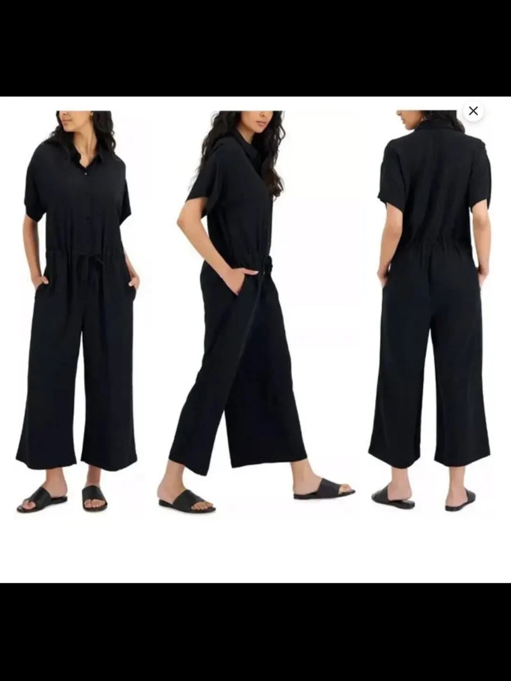 Eileen Fisher Black Short-Sleeve Collared Jumpsuit with Drawstring